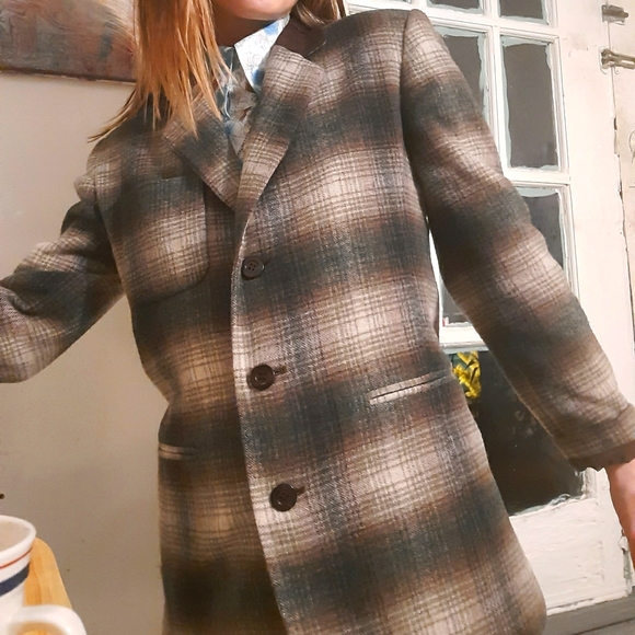 1980's plaid wool blazer w/ suede accents - Picture 2 of 12